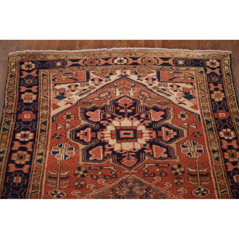 Geometric Heriz Persian Vintage Runner Rug Hand-Knotted Wool Carpet - 3'3"x 11'2"