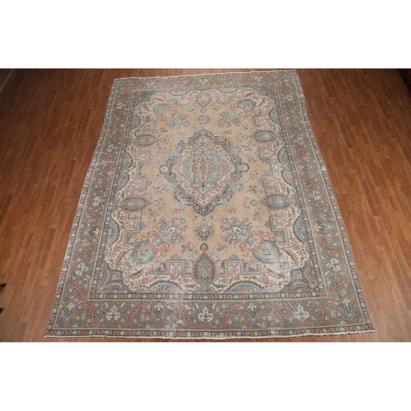 Hand Knotted Oriental 100% Wool Carpet Traditional Medallion Peach Tabriz Area Rug - 12' 8'' X 9' 8''