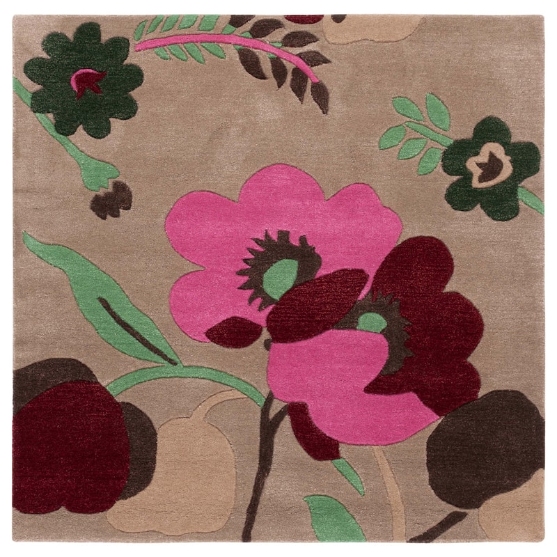 SAFAVIEH Handmade Bella Nahide Modern Floral Wool Rug - 5' Square - Sand/Multi