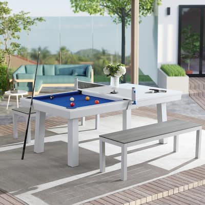 Laguna Indoor/Outdoor 8ft Slate Pool Table Dining Set with 2 Benches & Accessories, White Finish