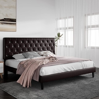 Venta Queen Bed, Brown Frame, Black Button Tufted Faux Leather Upholstery By Casagear Home
