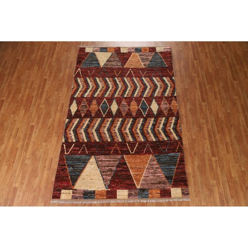 Hand Knotted Oriental 100% Wool Carpet Modern Tribal Red Moroccan Area Rug - 9' 11'' X 6' 4''