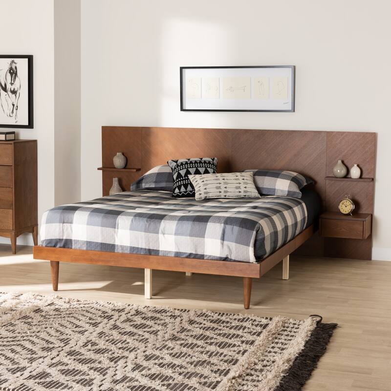 Graham Mid-Century Modern Transitional Ash Walnut Finished Wood Queen Size Platform Storage Bed with Built-In Nightstands