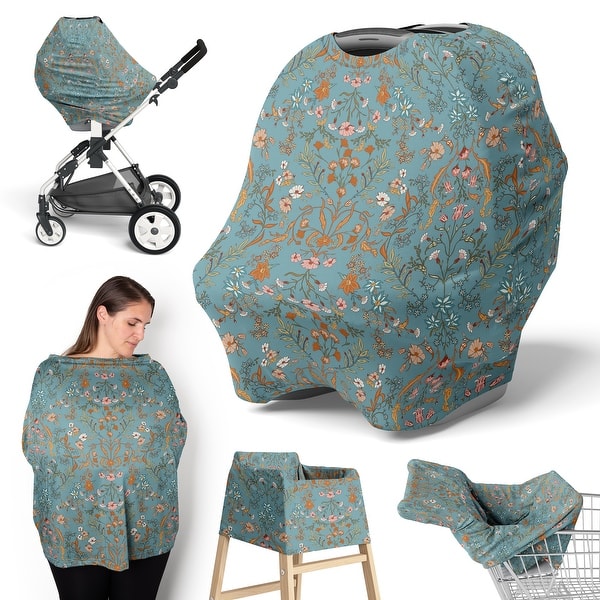 slide 2 of 6, Sweet Jojo Designs Boho Wildflower Vintage Floral Girl 5 in 1 Baby Car Seat Nursing Cover Blue Orange Paisley Bohemian Farmhouse