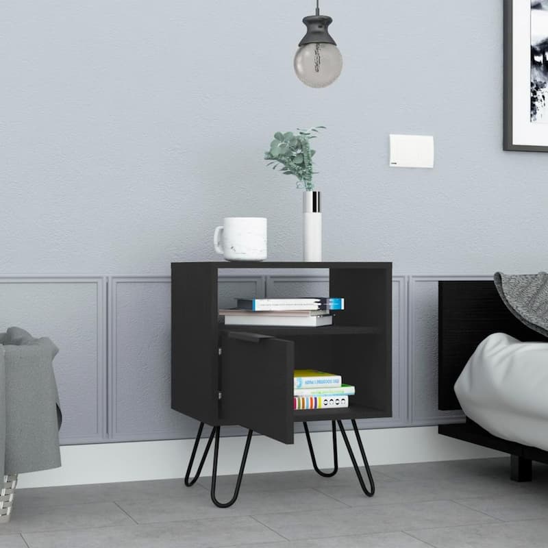Nightstand 22"H, One Open Shelf, Single Door Cabient, Hairpin Legs, Black