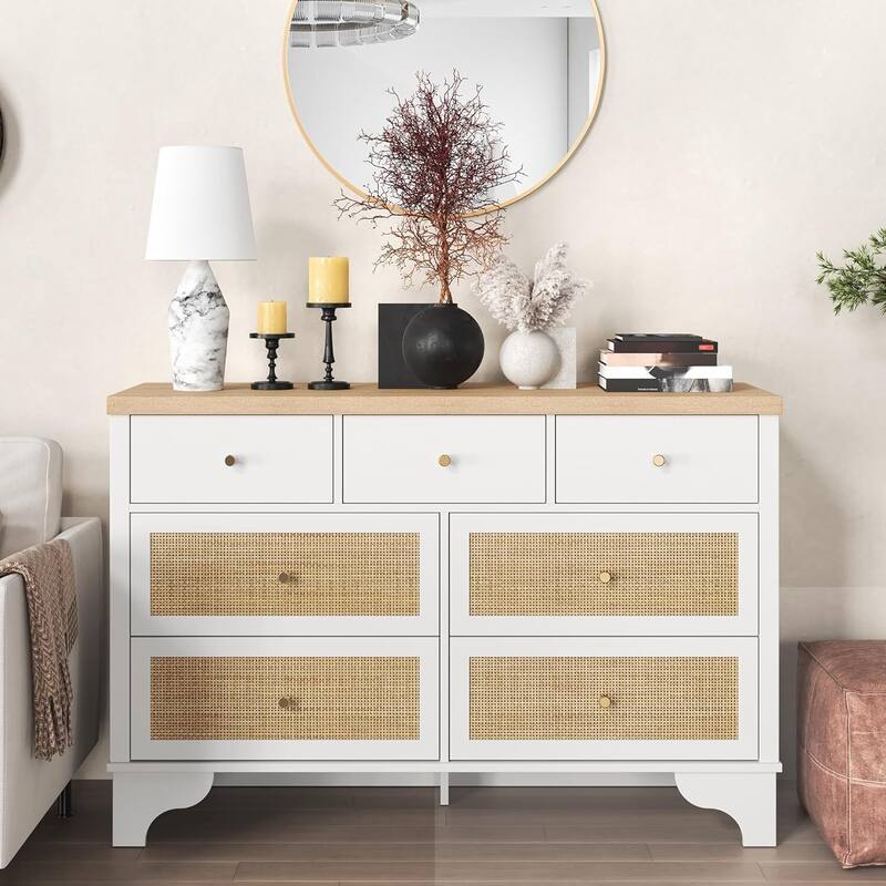47.3" Wide Rattan 7 Drawer Dresser Storage Organizer for Bedroom - White