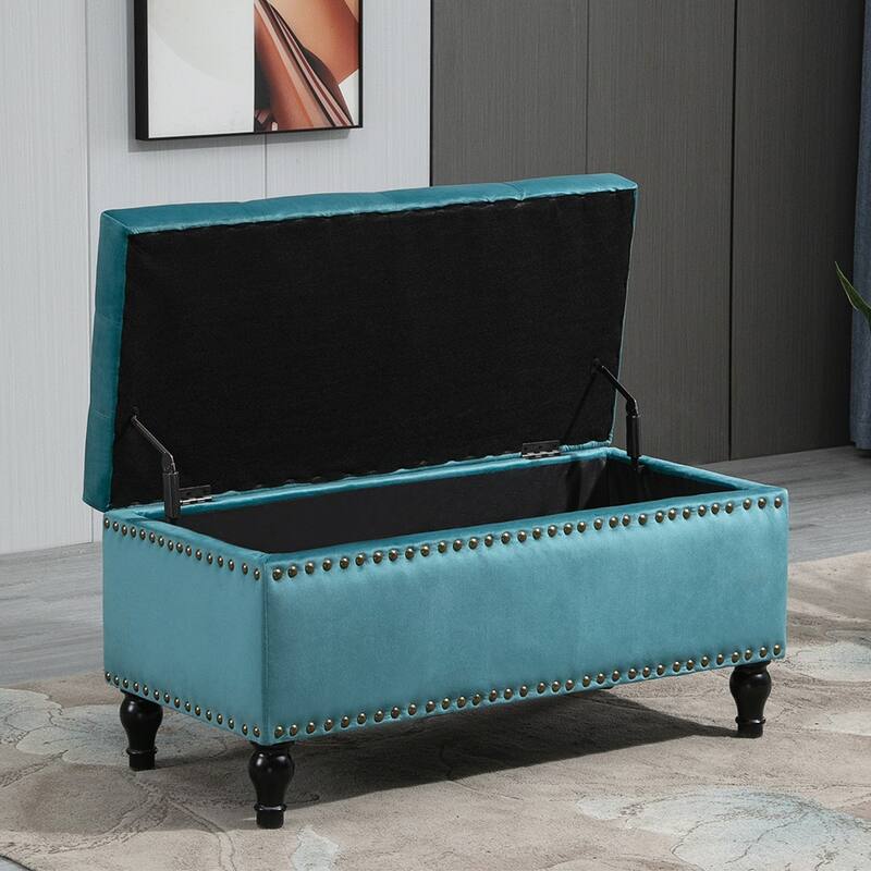 Maypex 38 Inch Soft Velvet Upholstery Storage Bench with Flip Top - 38" - Teal