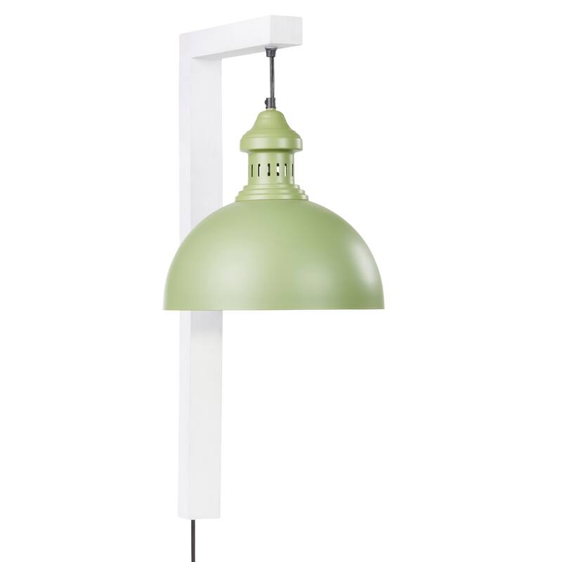 River of Goods Green Metal and White Wood Dome Shade Indoor Plug In Wall Sconce - 16" x 12" x 28.5"
