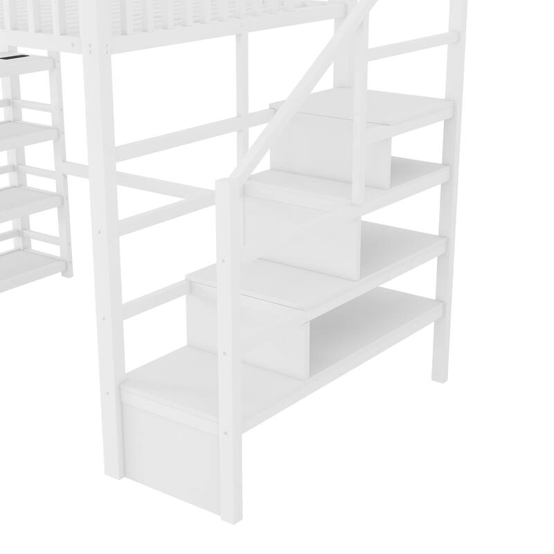 Full Size Metal Loft Bed with Charging Station and 4-Shelf Storage, Kids & Teens Loft Bed with Storage Stairs