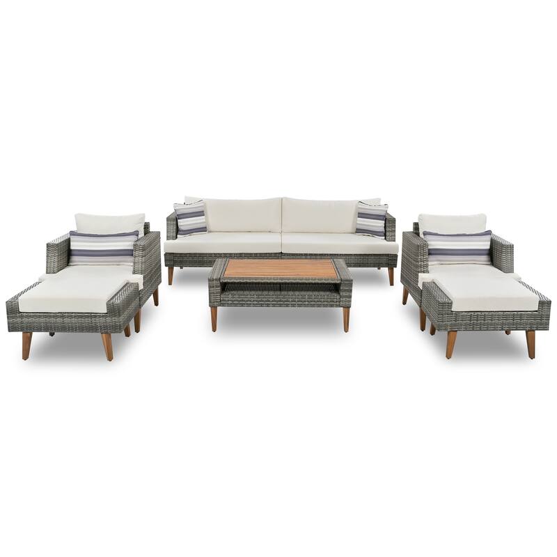 Roomfitters 6-Piece Outdoor Patio Furniture Set with Wicker Sofa, Armchairs, Ottomans and Coffee Table, Wood Legs, Gray+Beige