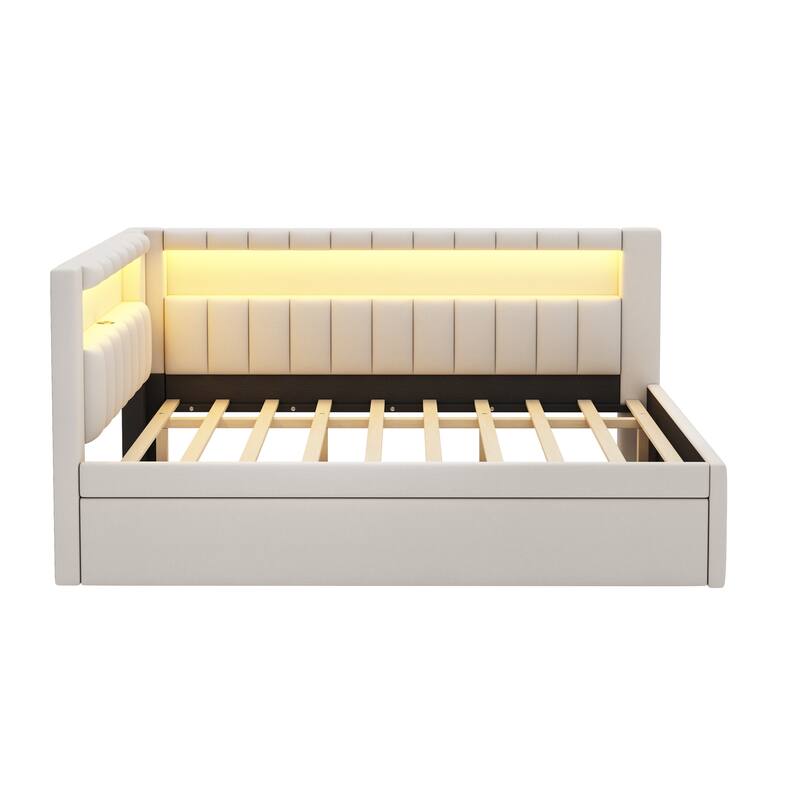 Roomfitters Full Size Upholstered Platform Bed with USB Ports, LED Light Belt and Twin Trundle, Modern Sleeper Bed, White