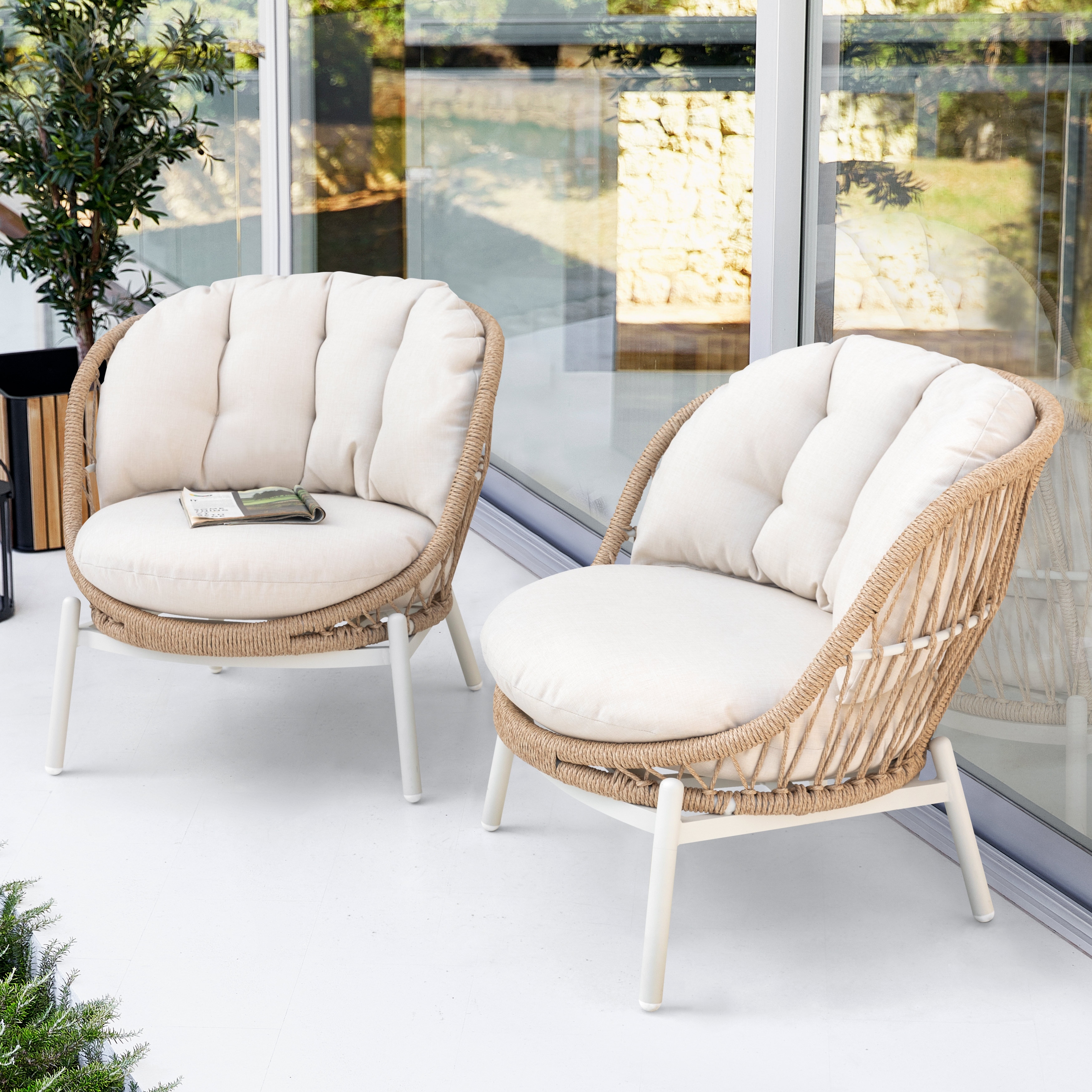 Nuu Garden Outdoor 2-Piece Aluminum Rattan Single Sofas with Beige Cushions