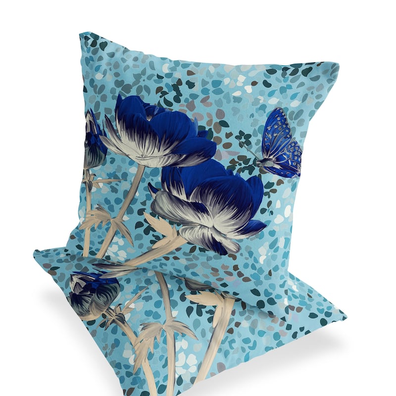 HomeRoots Set of Two 16" X 16" Blue and Gray Butterfly Blown Seam Floral Indoor Outdoor Throw Pillow - 16.00' X '16.00' X '5.00