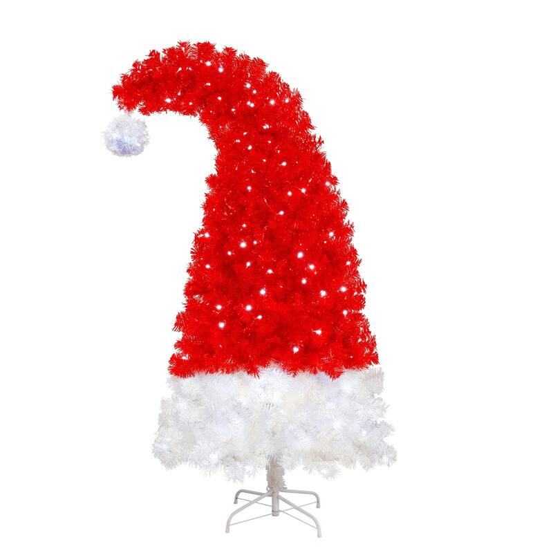 6FT Artificial Christmas Tree with LED Light, Santa's Hat Shape Artificial Whimsical Xmas Tree with 1050 Tip, Curved Xmax Tree - RED