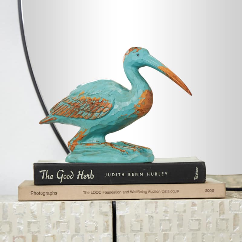 Teal Polystone Distressed Bird Decorative Sculpture with Brown Wood Inspired Accents - Teal