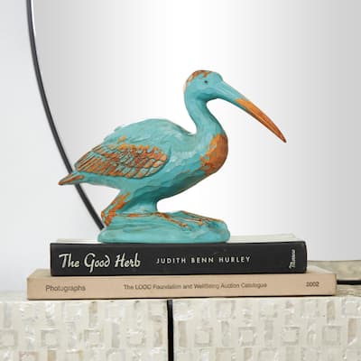 Teal Polystone Distressed Bird Decorative Sculpture with Brown Wood Inspired Accents