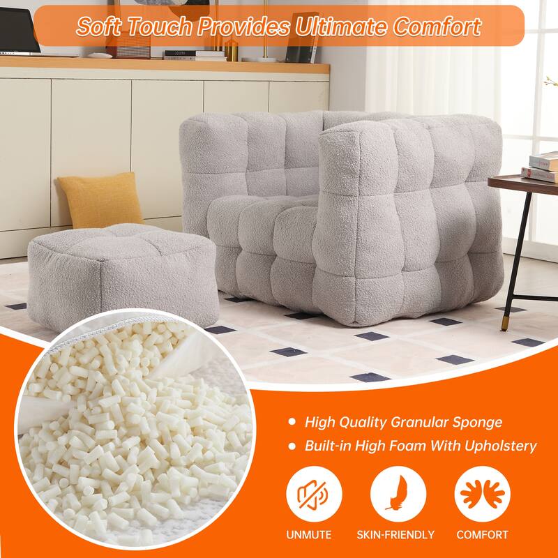 Boucle Upholstered Tufted Modern Non-installation Bean Bag Sofa Chair with Ottoman for Living Room