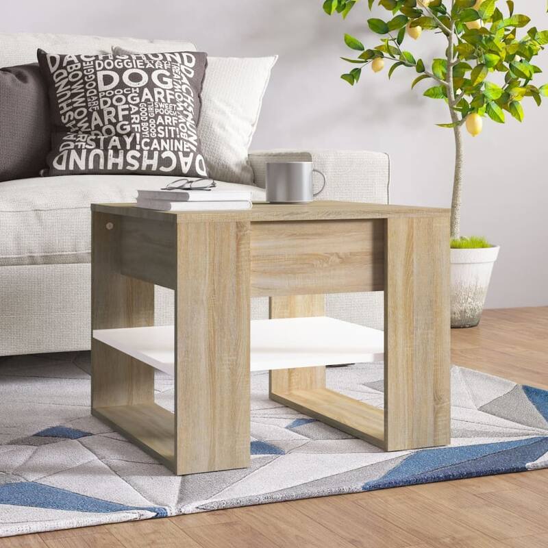vidaXL Coffee Table End Table Sofa Table Living Room Furniture Engineered Wood - 21.9" x 21.7" x 17.7" - White and sonoma oak