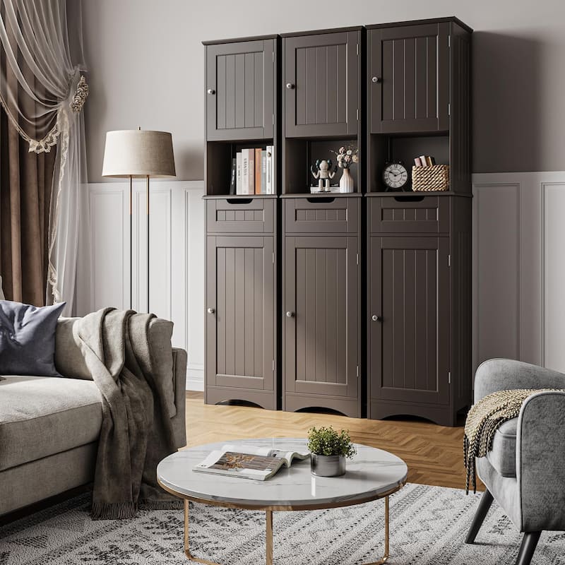 Freestanding Narrow Tall Bathroom Storage Cabinet with Adjustable Shelves, Door and Open Shelves
