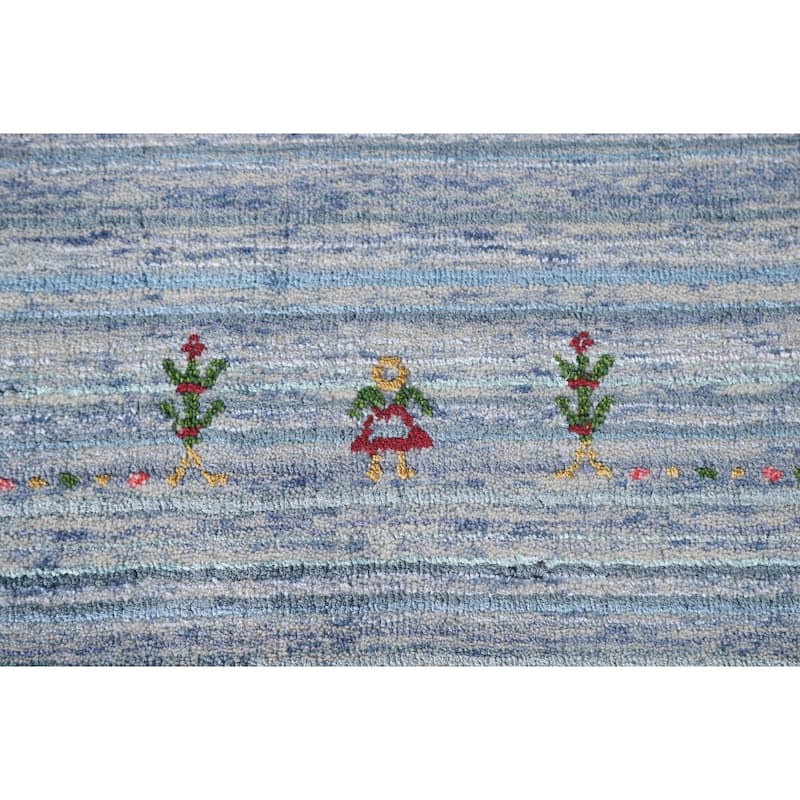 Striped Blue Gabbeh Oriental Area Rug Handmade Wool Carpet - 7'9"x 9'7"