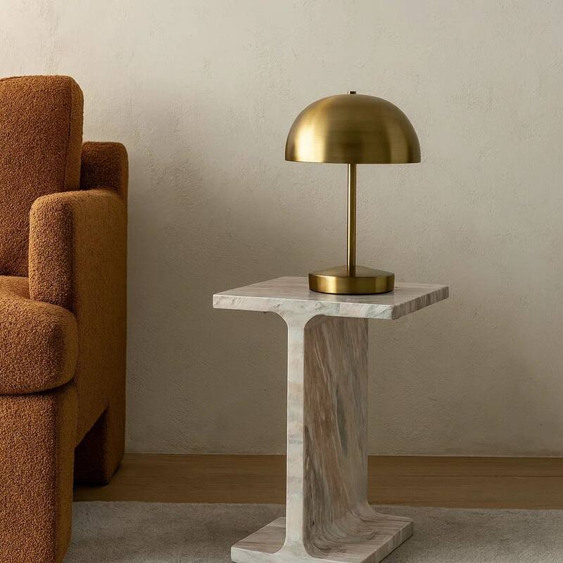 Isy Accent End Table, 15 Inch Natural Tan Brown I-Beam Shaped Marble