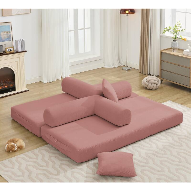 Folding Couch Convertible into King Size Floor Bed, 4-in-1 Corduroy Sleeper Sofa Bed with Moved Armrests and Non-Slip Pad