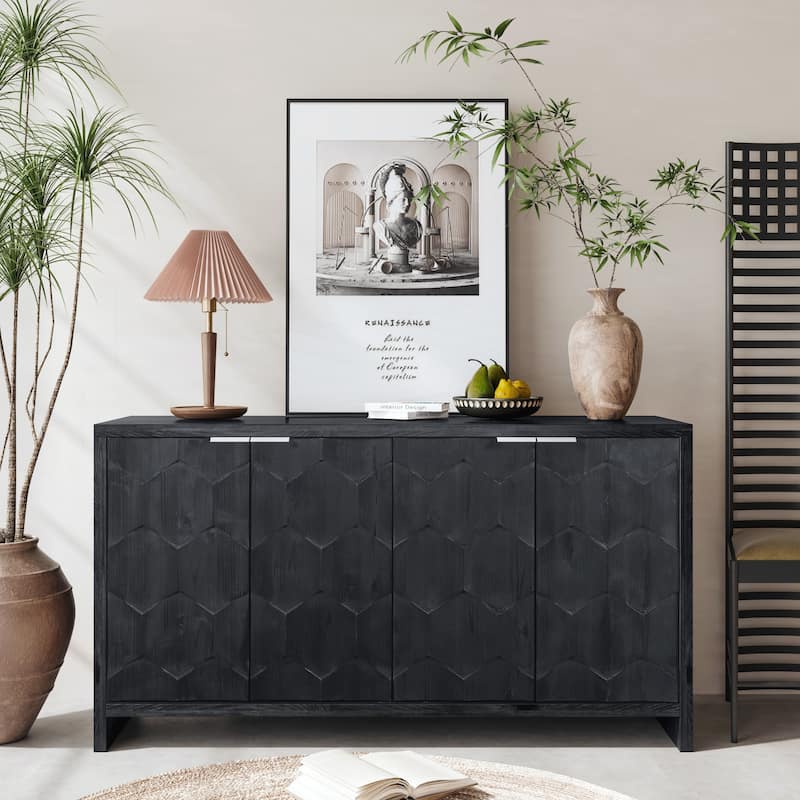 Farmhouse Style 4 Door Wooden Cabinet Sideboard Buffet