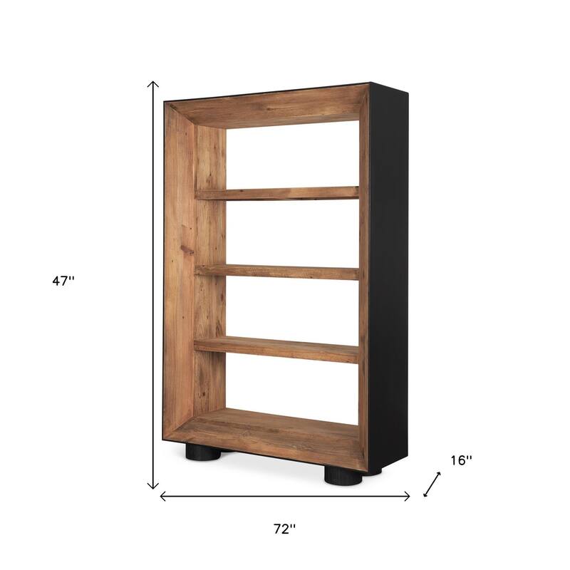 HomeRoots 72" Black And Natural Distressed Solid Wood Three Tier Bookcase