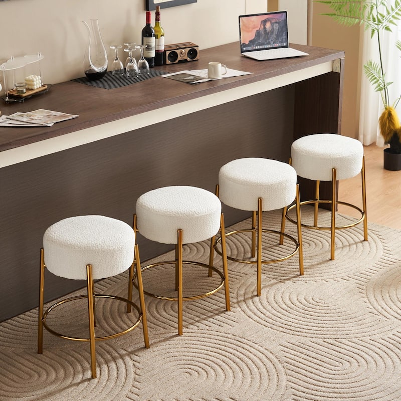 Set of 2 Contemporary Round Bar Stools - 24" Height, Ideal for Kitchens, Coffee Shops, and Bars - Beige Fabric + Golden Frame