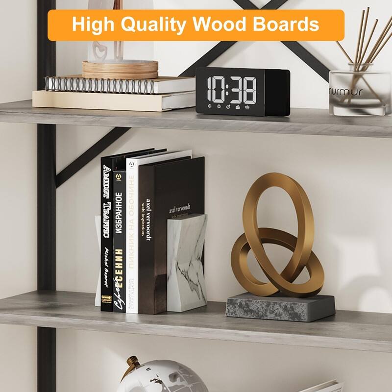 5-Tier Rustic Bookshelf with Metal Frame & Storage Drawer Open Bookcase