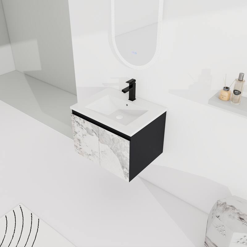 24 Inch Wall-Mounted Vanity with Ceramic Sink, Soft-Close Hinges & Triple Doors for Bathrooms