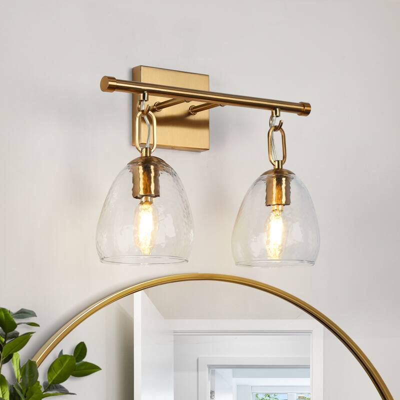 Blobfish Modern Gold 2-Light Textured Glass Wall Sconce Bathroom Vanity Light - L 13.8" x W 6.7" x H 11.2" - L 13.8" x W 6.7" x H 11.2"