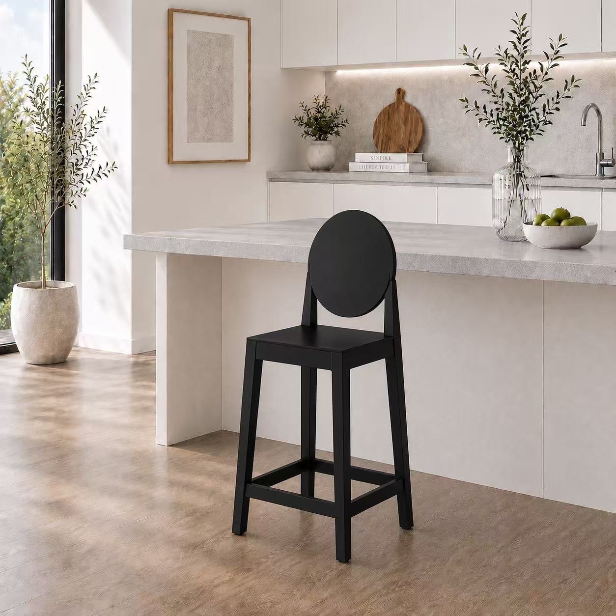 Set of 2 Black Modern 25" Seat Bar Stool Counter Height With Back Plastic Chairs Home Restaurant Kitchen