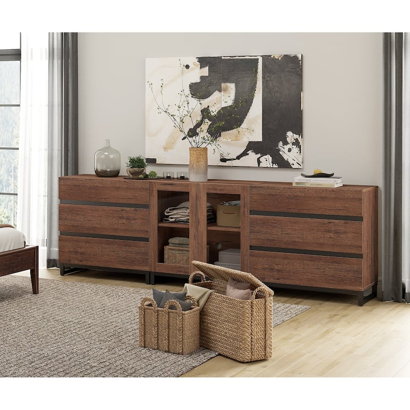 WAMPAT 3 in 1 Multifunctional Dresser with Glass Doors and 6 Drawers, Modern Chest of Drawers for Bedroom - Brown - 6-drawer