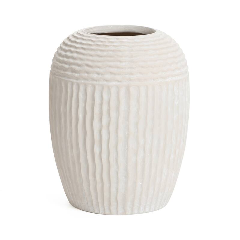 Beige Ribbed Round 15.2-Inch Tall MgO Vase