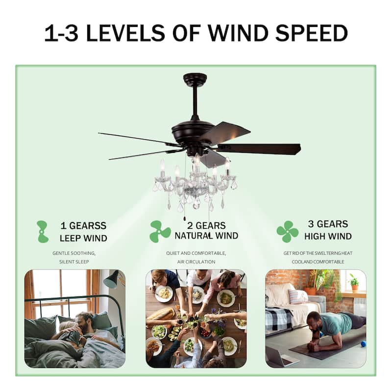 Sofucor 52" Ceiling Fan with Light Remote, Classical Crystal Chandelier fan, 5 Reversible Blades & Reverse Airflow - 52 Inches