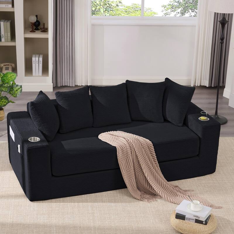 2-in-1 Convertible Sleeper Sofa, Floor Folding Couch, Sofa Bed with Side Pocket, Pull Out Loveseat with Cup Holders