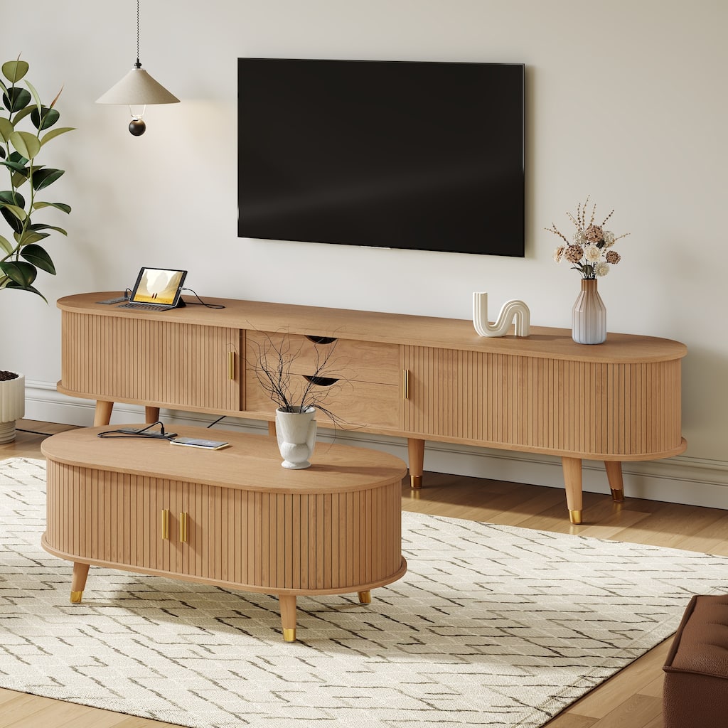 Wooden TV Stand and Coffee Table Set of 2, Sliding Door TV Cabinet TV Console with Charging Station for TVs up to 80", Natural