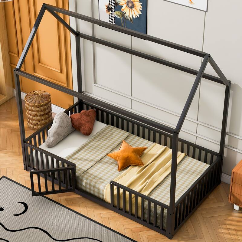 Playhouse Design Twin/Full Size House Bed with Fence and Door, Metal ...