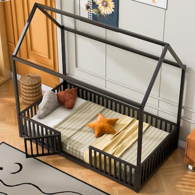 Twin Size House Design Platform Bed, Metal Floor Bed Frame with Fence, Door and Roof for Children, Boys and Girls