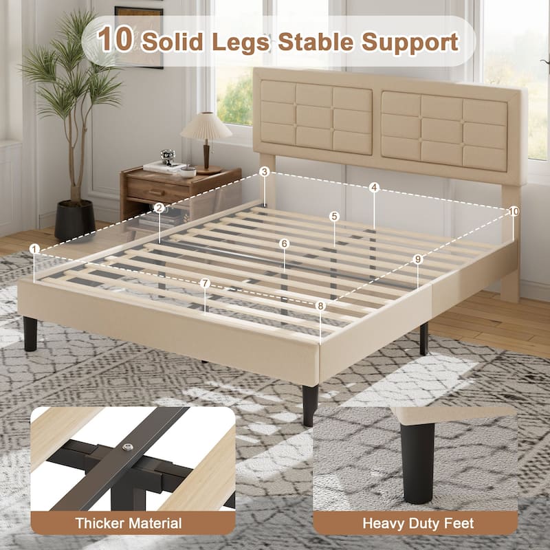Javlergo Modern Upholstered Platform Bed Frame with Height Adjustable Tufted Headboard