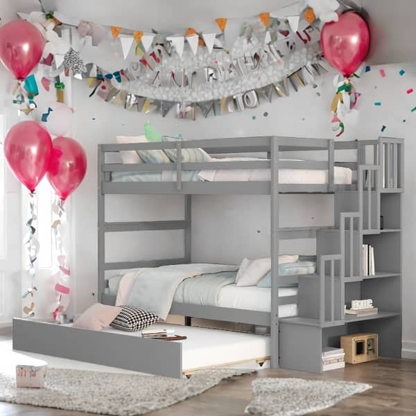 slide 2 of 26, Modern & Clean Design Twin over Twin Bunk Beds With Twin Trundle and Stairway Storage Function White