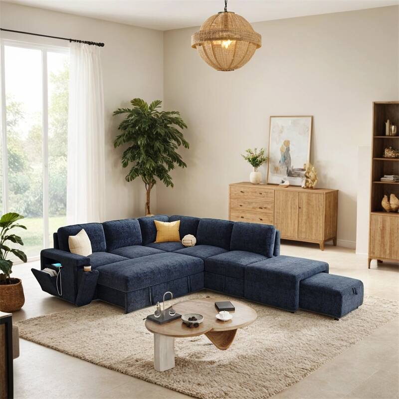 L-shaped Padded Modular Sofa w/Storage Space,USB Ports & Cup Holders