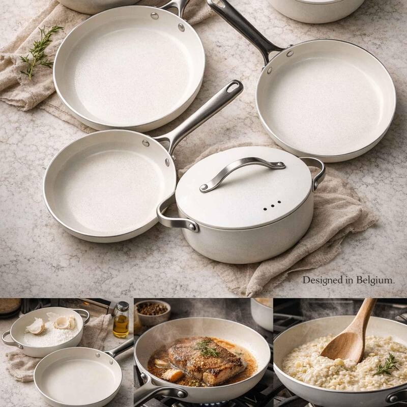 Alva Mobi 8-Piece Nonstick Ceramic Cookware Set - Cannoli Cream