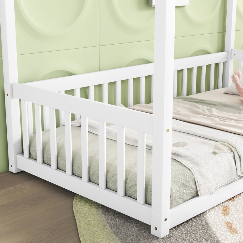 Canopy Frame Floor Bed with Fence and Guardrails,Twin/Full