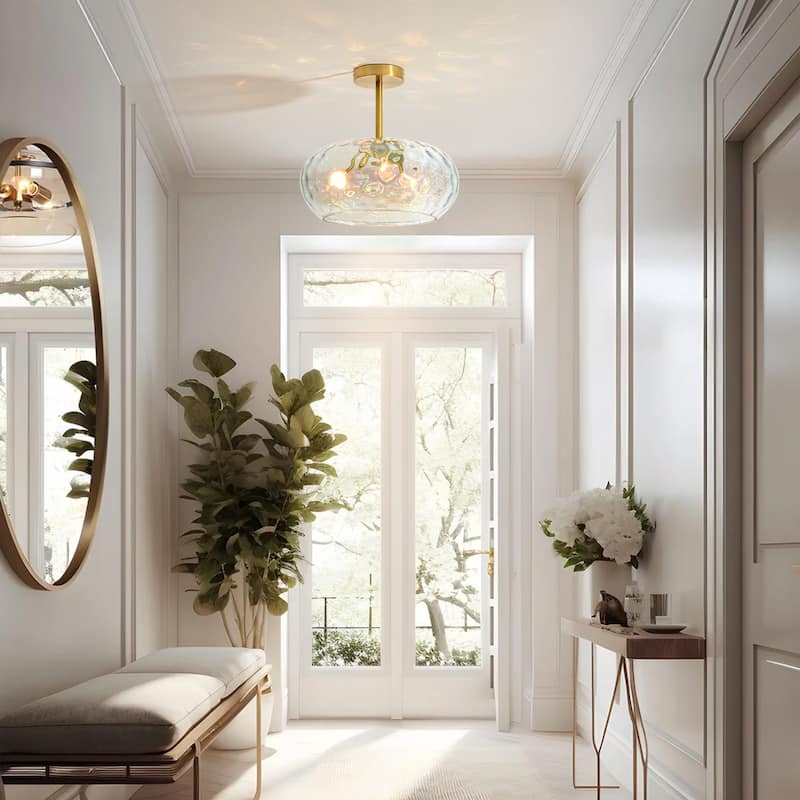 14.2" W 3-Light Modern Gold Dome Semi-Flush Mount Ceiling Light with Water Glass Shade for Foyer, Bedroom
