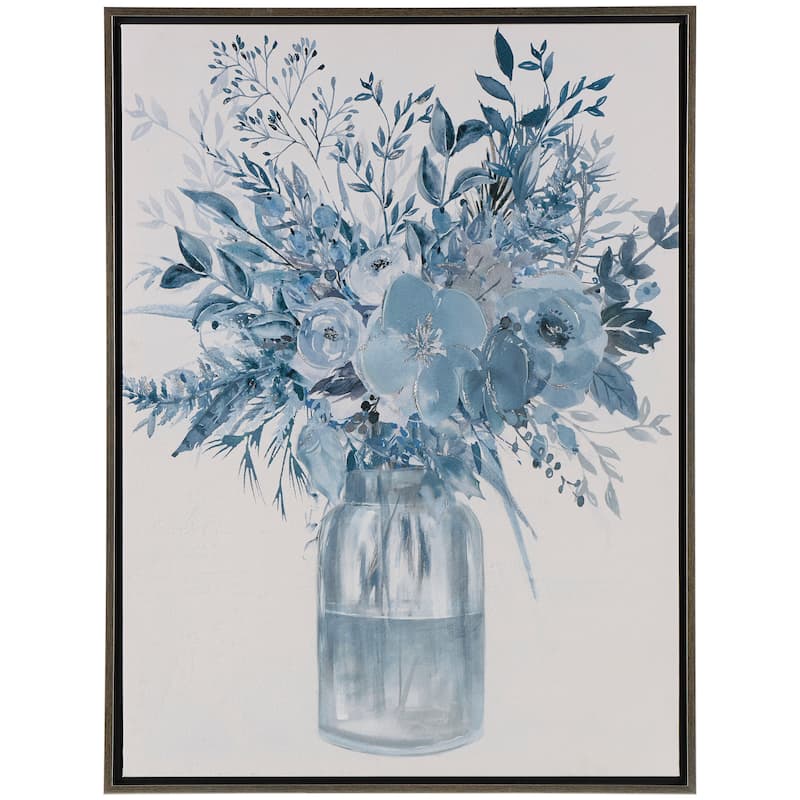 Canvas Floral Bouquet Framed Wall Art with Silver Frame - Blue - Roche River Decor