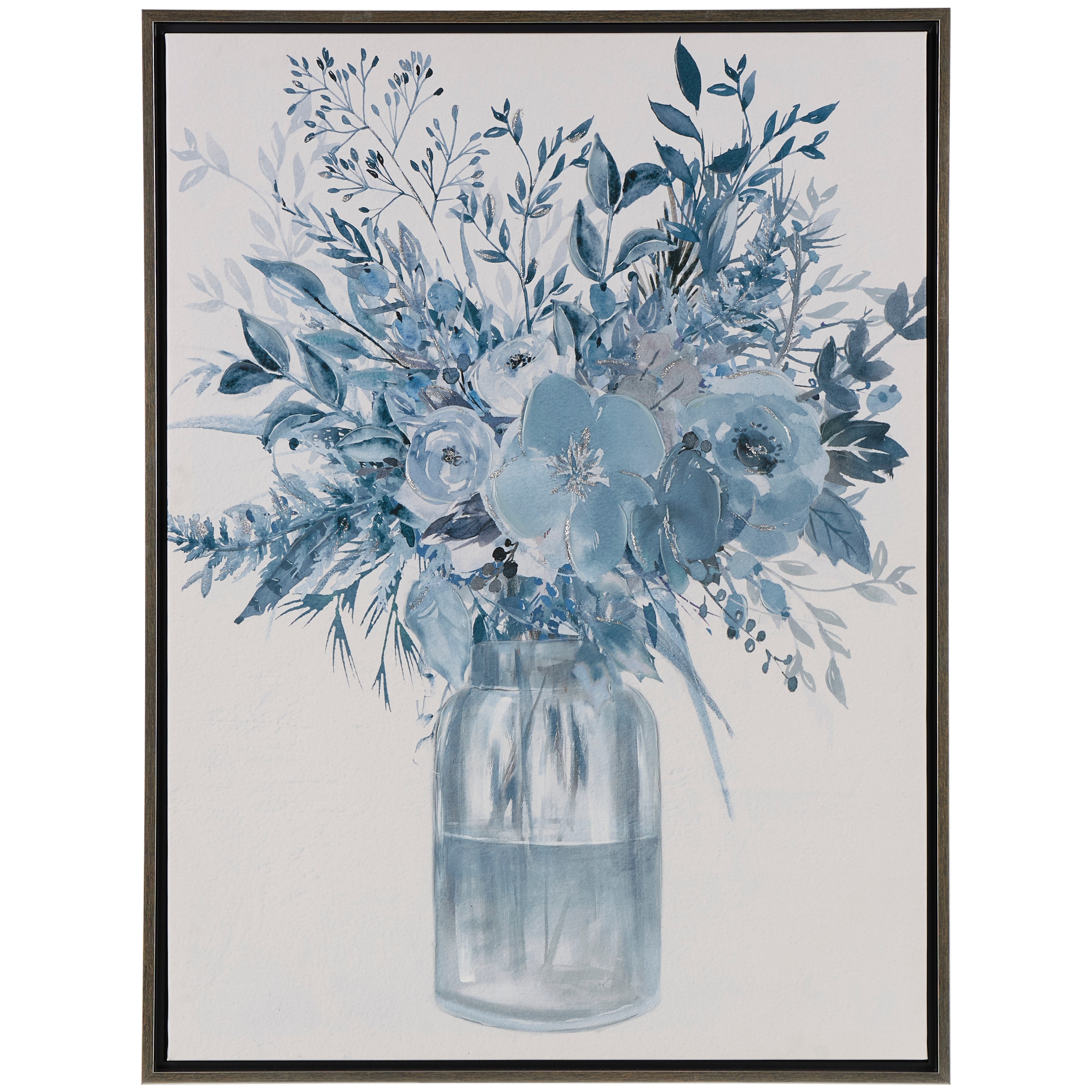 Canvas Floral Bouquet Framed Wall Art with Silver Frame - Blue - Roche River Decor
