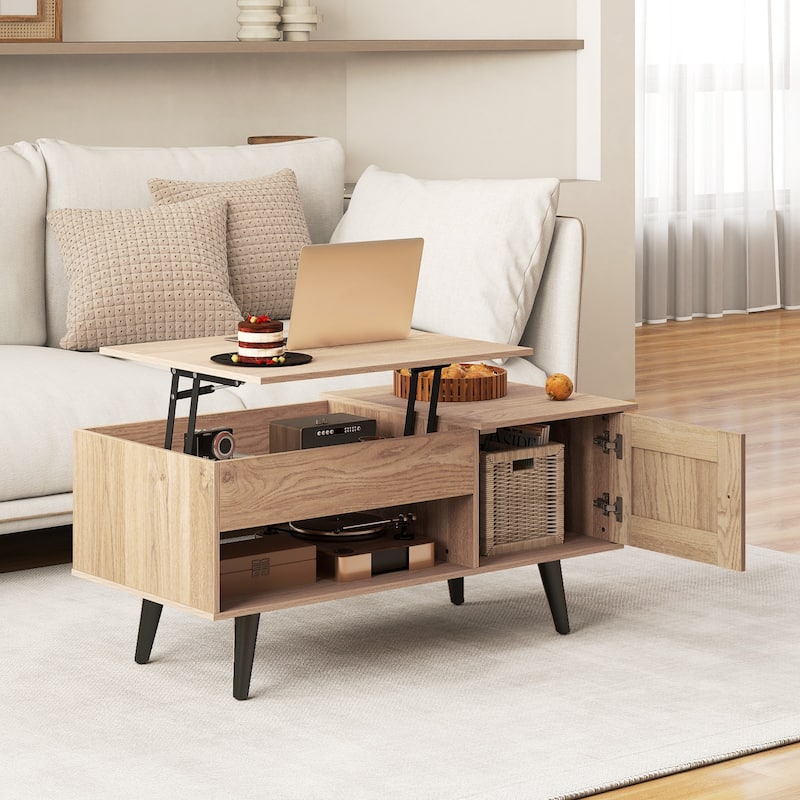 Open Shelf Coffee Table with Lift-Top Workstation and Hidden Storage Cabinet for Living Room - 39.5" x 19.5" x 18" (L x W x H) - Natural