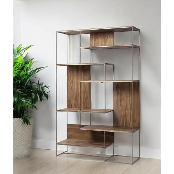 Brown Wood And Silver Metal Frame With 4 Shelf Shelving Unit Brown Wood And Silver Metal Frame With 4 Shelf Shelving Unit